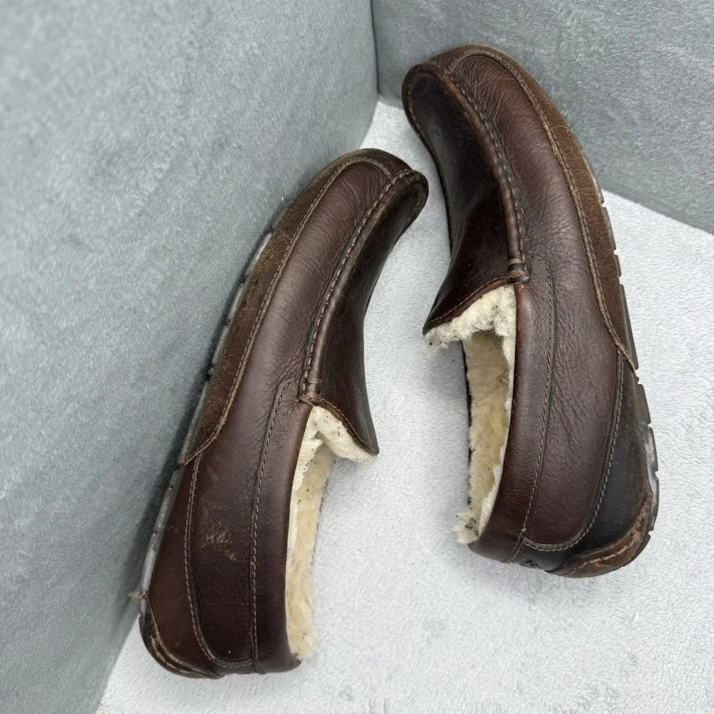UGG Ascot Brown Leather Comfort Indoor Moccasin Loafers Slipper Men's Size 10